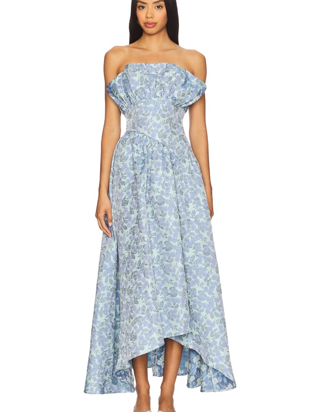 ELLIATT Jacquard Asymmetric Gown in Blue floral